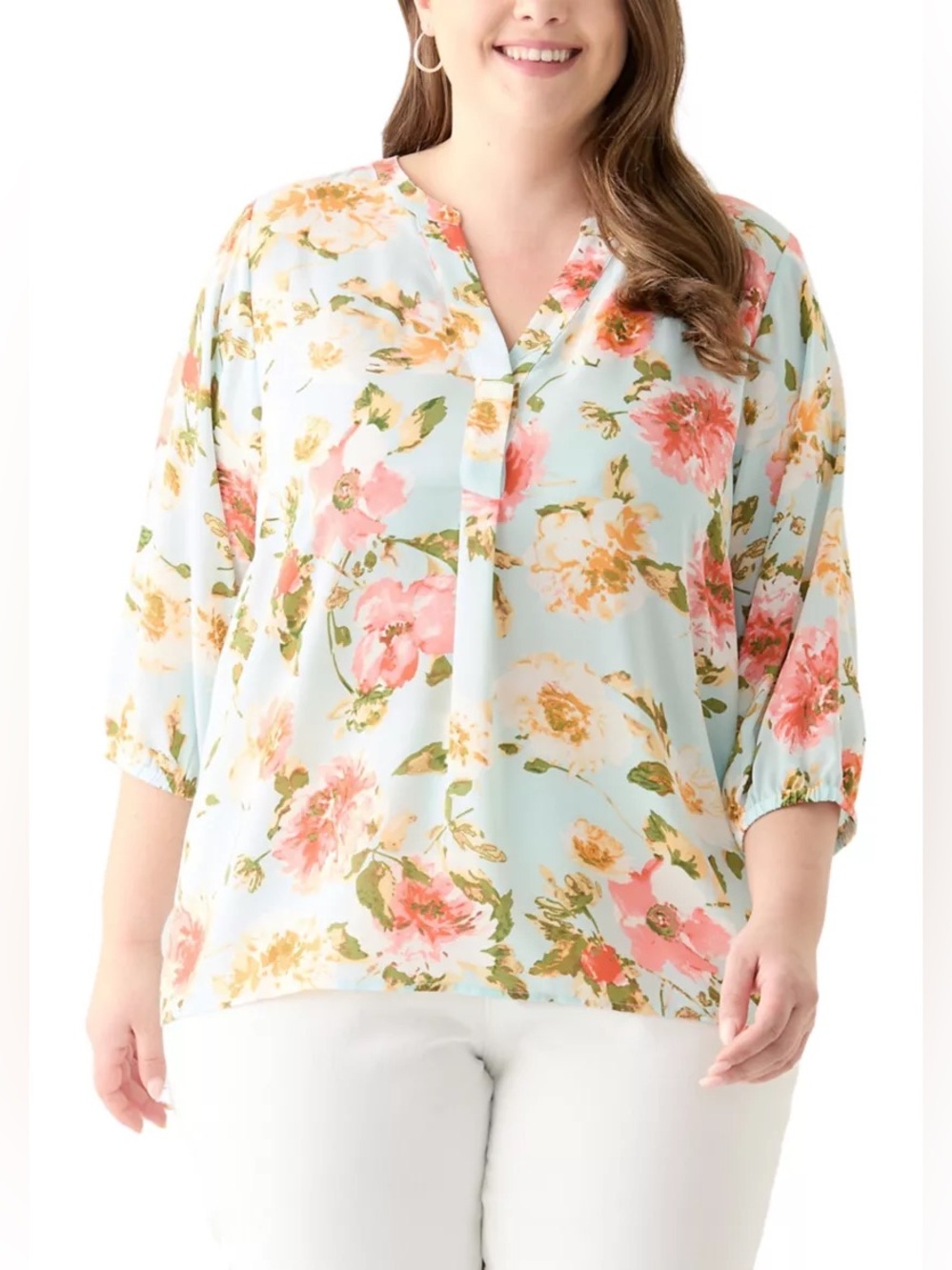 T TAHARI 3/4 Sleeve Split Neck Woven Blouse 2X Cottagecore Garden Party Feminine